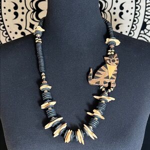 Vintage African-Style Wooden Beaded Black, Brown, and Tan Cat Necklace